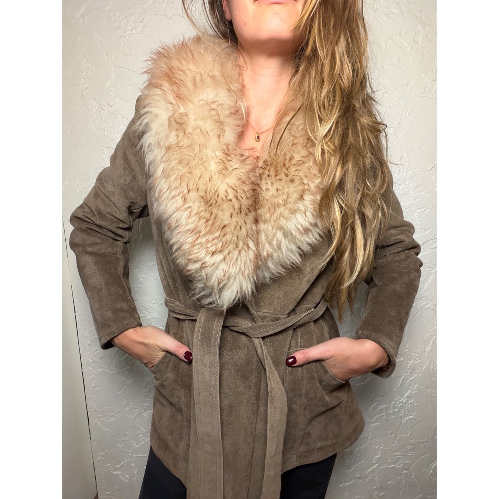Vintage A&F Originals New York Brown Suede Jacket Faux Fur Collar Belted Size 12